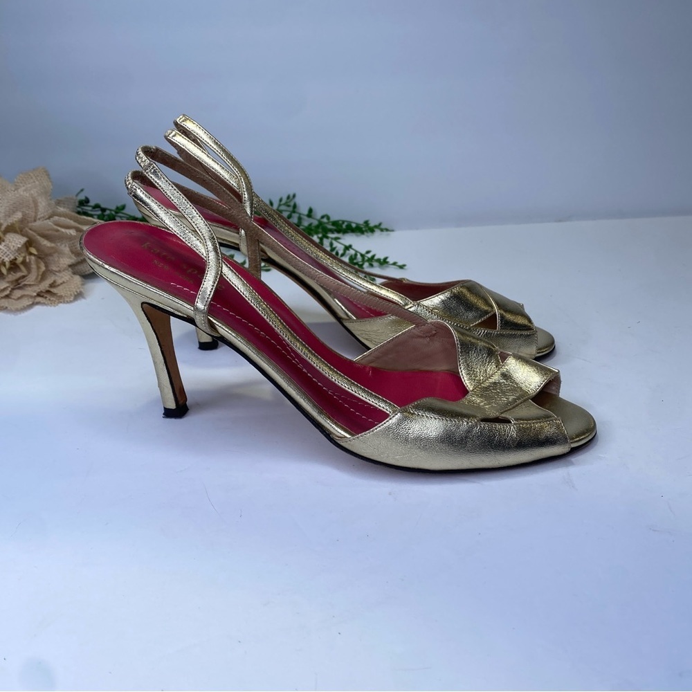 Kate Spade Gold Peep Toe Strappy Sandal Heels Leather Size 8.5M - Picture 3 of 10